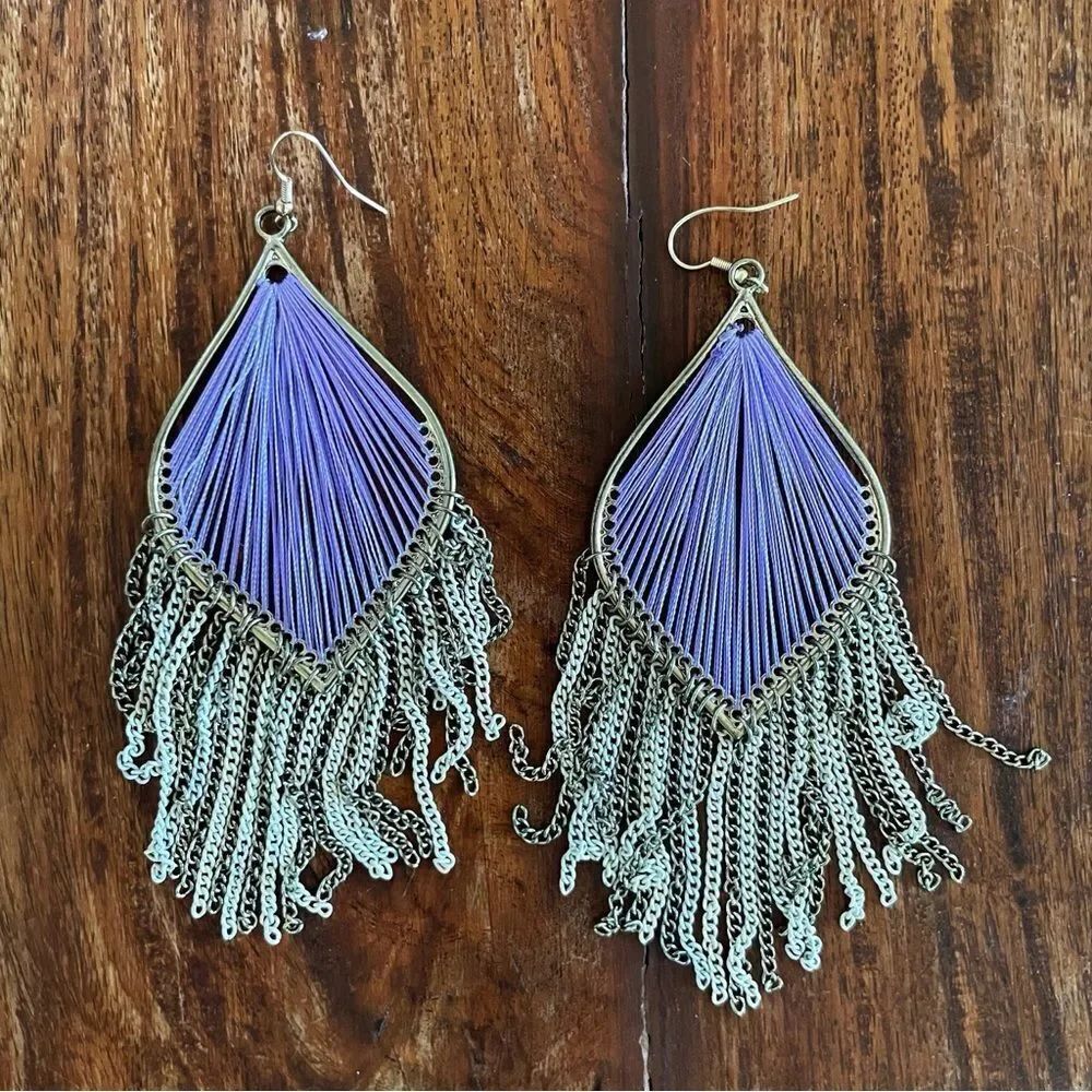 Elegant Purple and Gold Fringe Drop Earrings Costume Jewelry